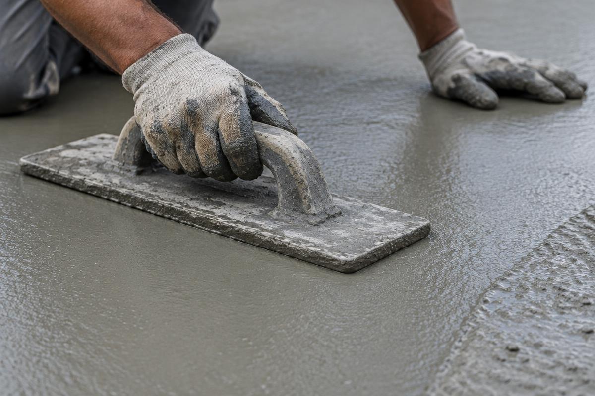 Illustrative close-up of wet concrete being finished with a hand float