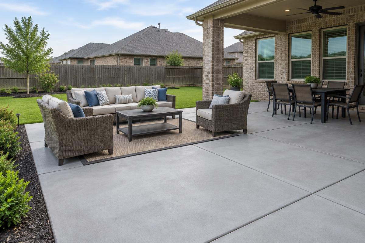 Concrete Patios — Illustrative image of a backyard concrete patio with outdoor seating