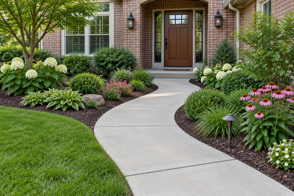 Concrete Walkways — Illustrative image of a curved concrete walkway leading to a front door